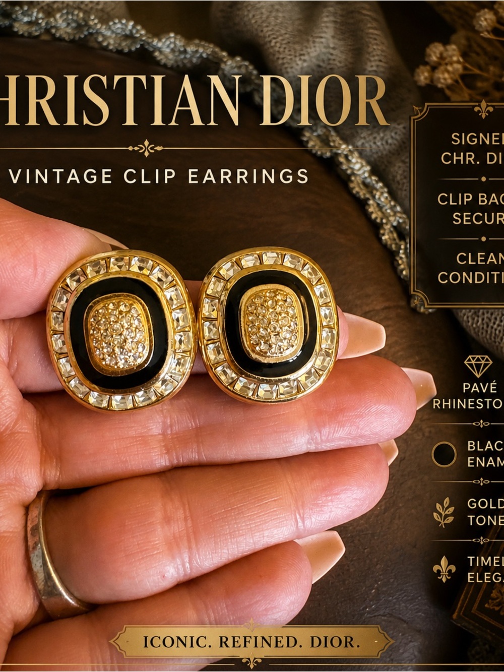 Dior Gold and Black Pavé Clip Earrings